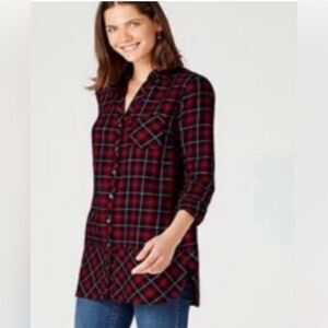J. Jill Cotton Button Down Long Sleeve Tunic in Red Black White Plaid - Size L